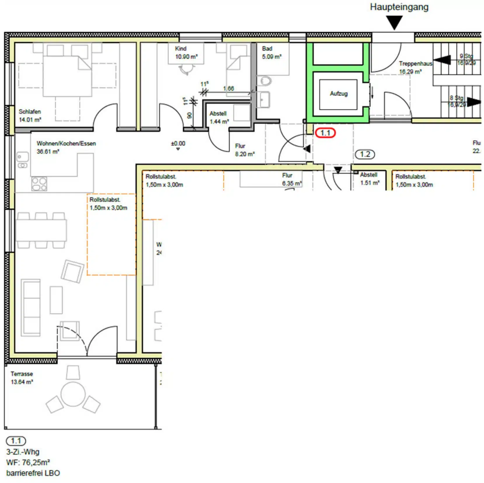 Grundriss T04: 3 Zimmer, 76,25 m² Wohnfläche