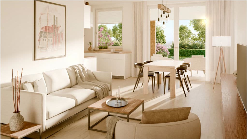 Visualisierung: Wohnbereich mit Sofa und Essplatz