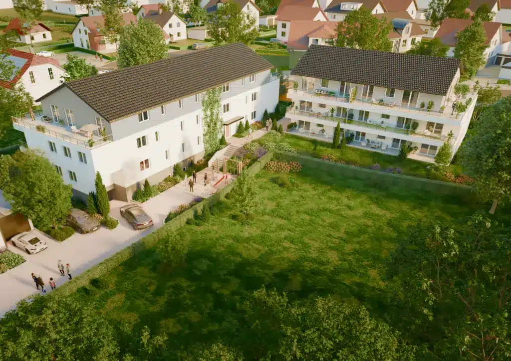 Visualisierung: Rückseite der Wohnanlage mit Garten aus der Vogelperspektive