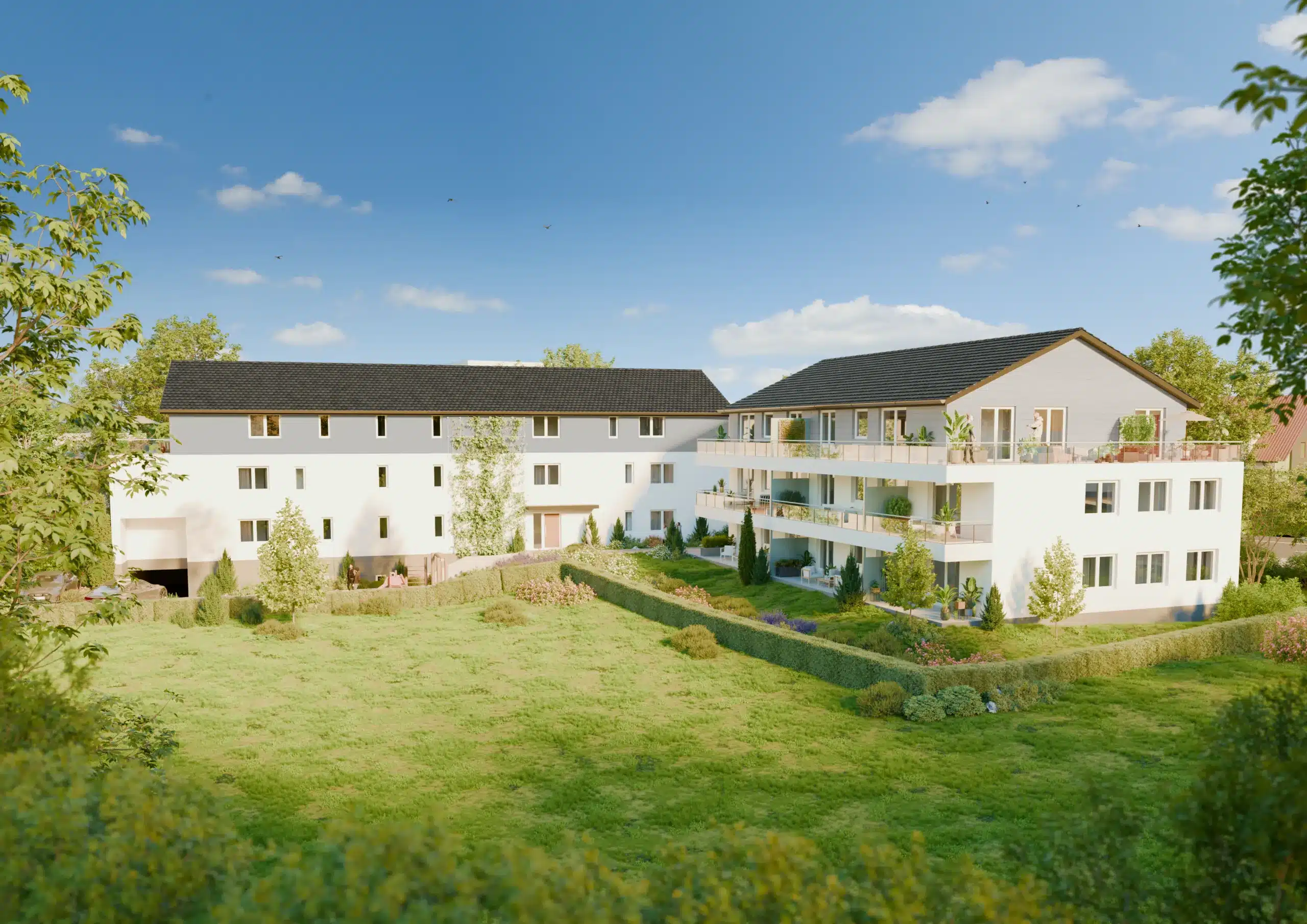 Visualisierung der beiden Mehrfamilienhäuser Heimatblick von der Gartenseite
