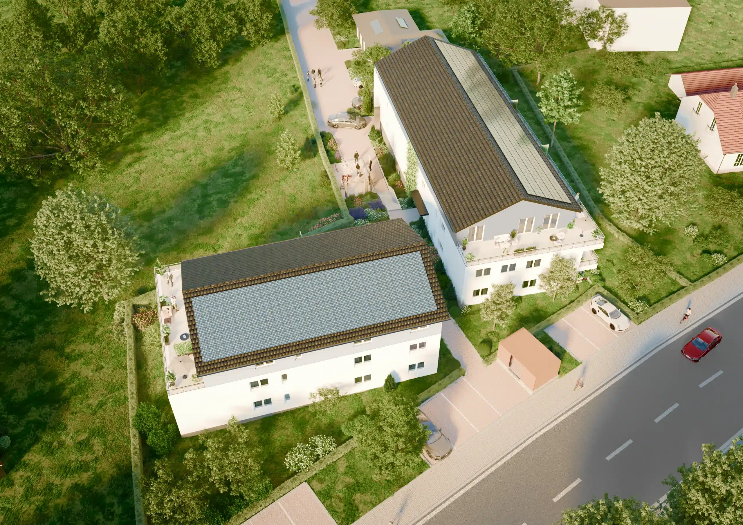 Visualisierung der zwei Mehrfamilienhäuser Heimatblick aus der Vogelperspektive